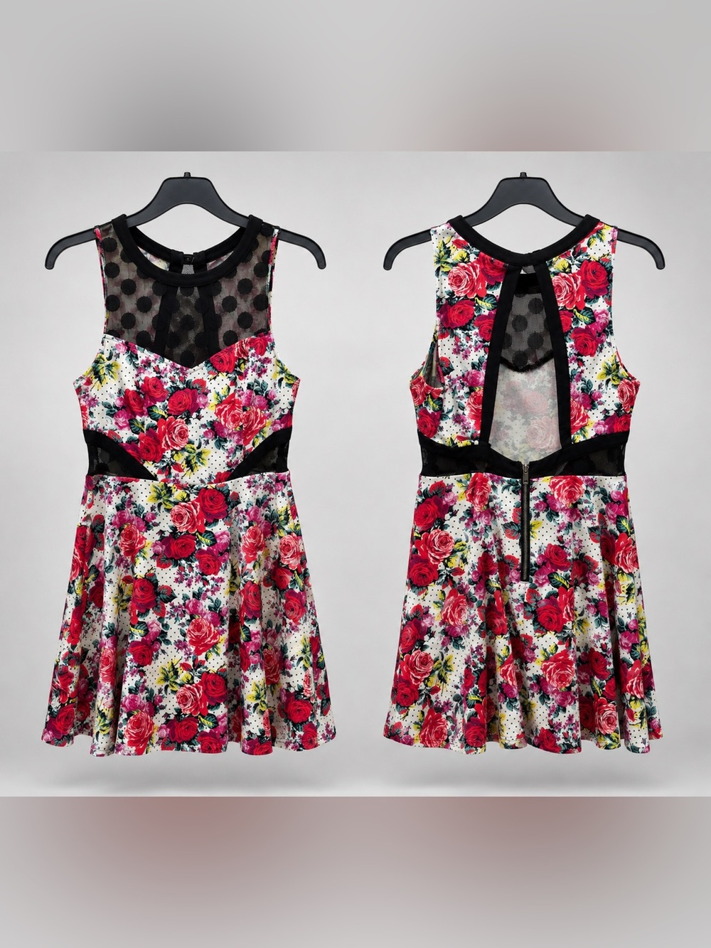 Material Girl Red Rose Print Mesh Yoke Dress